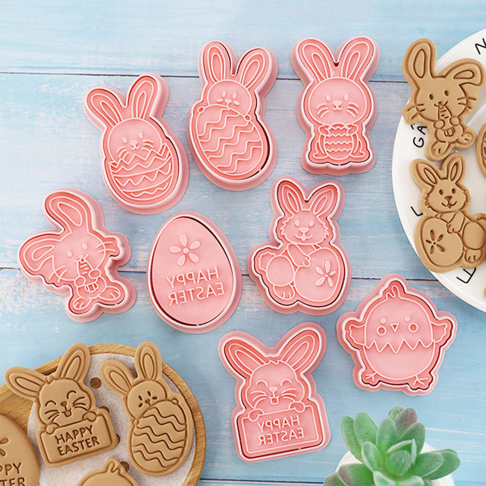 Mildsown Easter Cookie Cutters Set Egg Bunny Biscuit Press Molds Non-Stick Chocolate Cake Molds, Size: 8pcs, Pink
